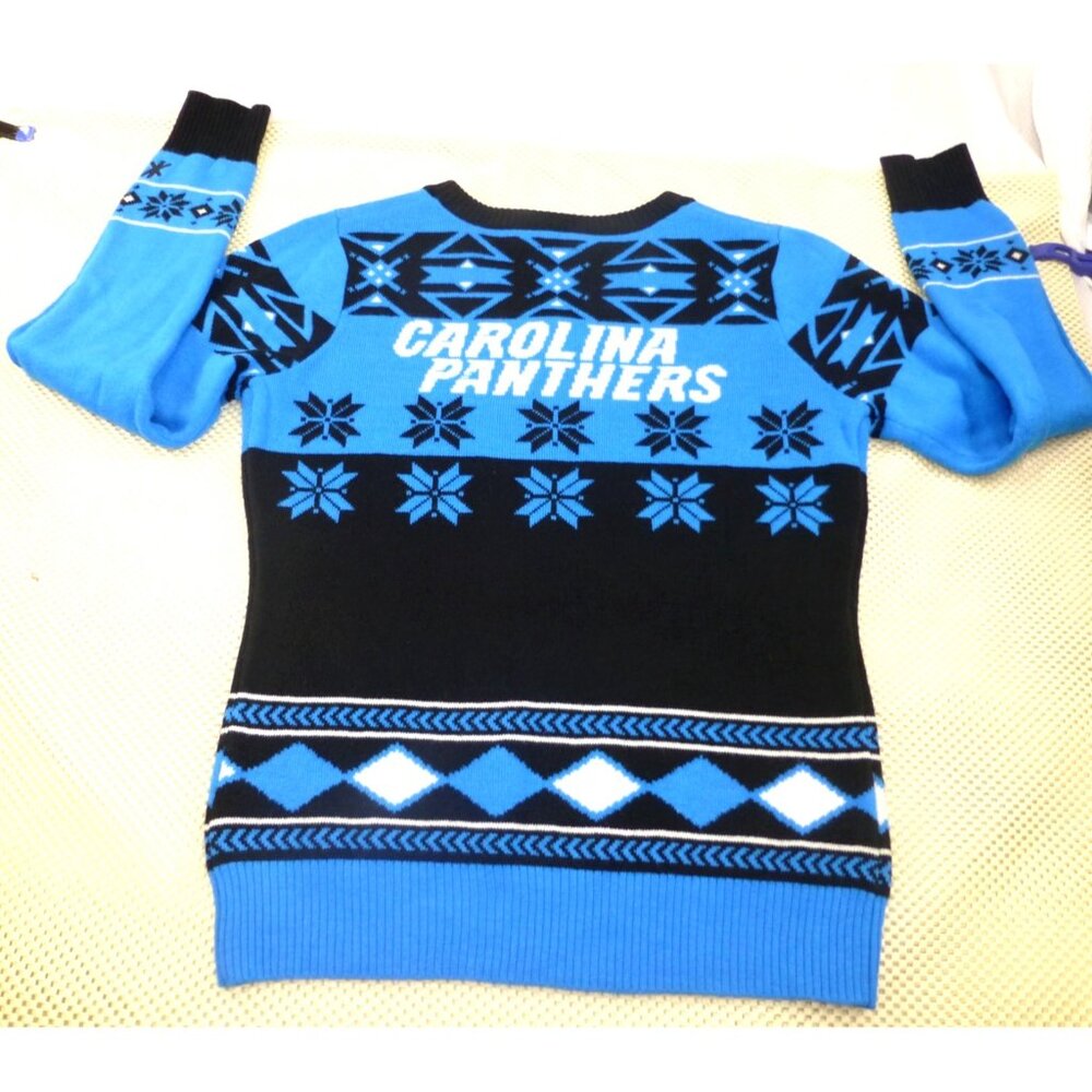 Carolina Panthers NFL Team Apparel Ugly Christmas Sweater Med V-Neck Black & Blu - Picture 2 of 10